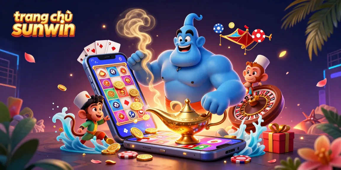 Engage with a vibrant scene of the trang chủ sunwin showcasing a blue genie and casino-themed elements.