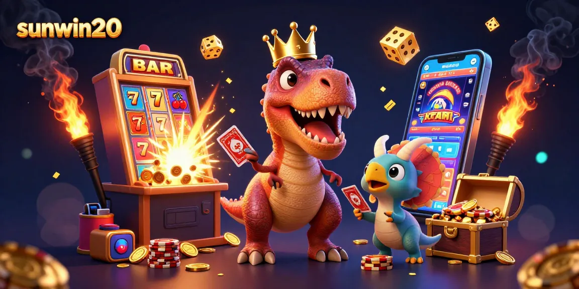 Win big with sunwin20 in an exciting casino scene featuring playful dinosaurs and slot machine action!