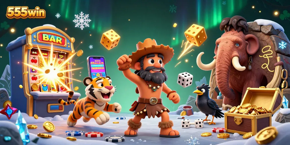 Experience thrilling gaming at 555win with a vibrant prehistoric casino scene featuring exciting jackpots.