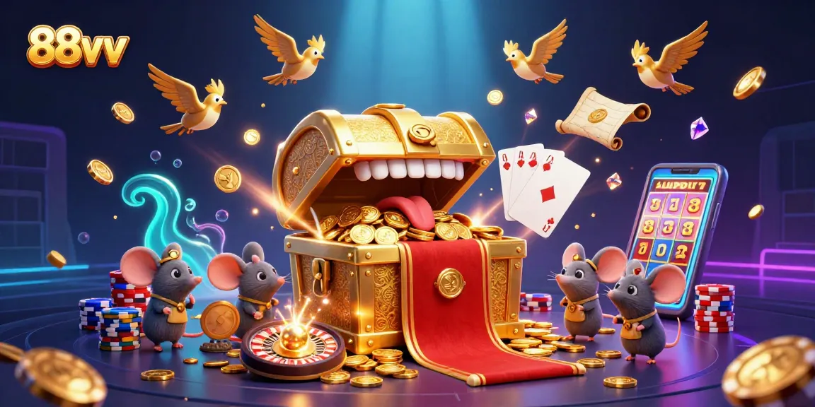 Experience riches at 88vv with a dynamic scene featuring adventurous mice lured by treasure and casino elements.