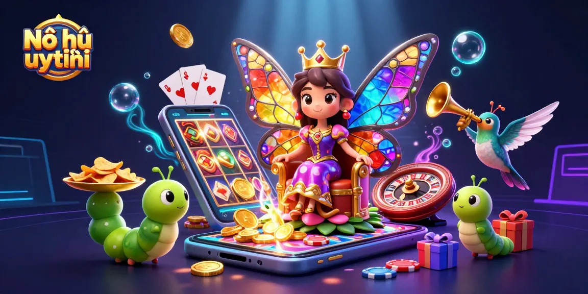 Nổ hũ uy tín scene featuring a vibrant butterfly queen with casino elements and games.