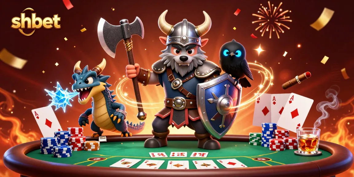 Engage in thrilling casino action with shbet, featuring a Viking warrior and dragon at a poker table.