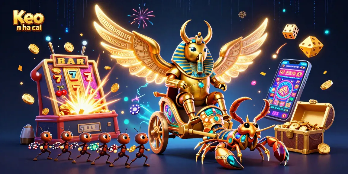 Bet on Keo nha cai with a golden beetle-themed casino illustration filled with dazzling elements.