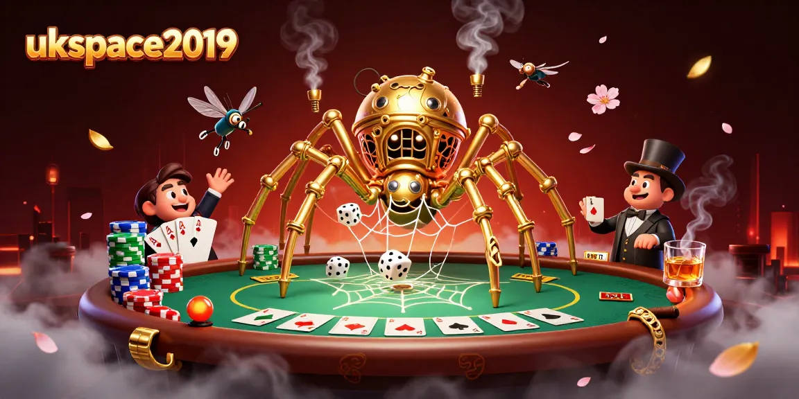 ukspace2019 illustrates a whimsical steampunk spider and fly gentleman in a vibrant casino scene.