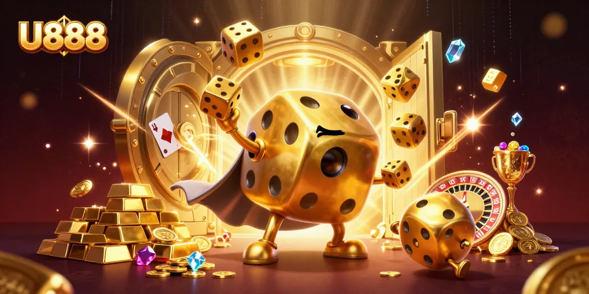 Engage with U888's vibrant casino experience, featuring a dynamic scene with lively golden dice and treasures.
